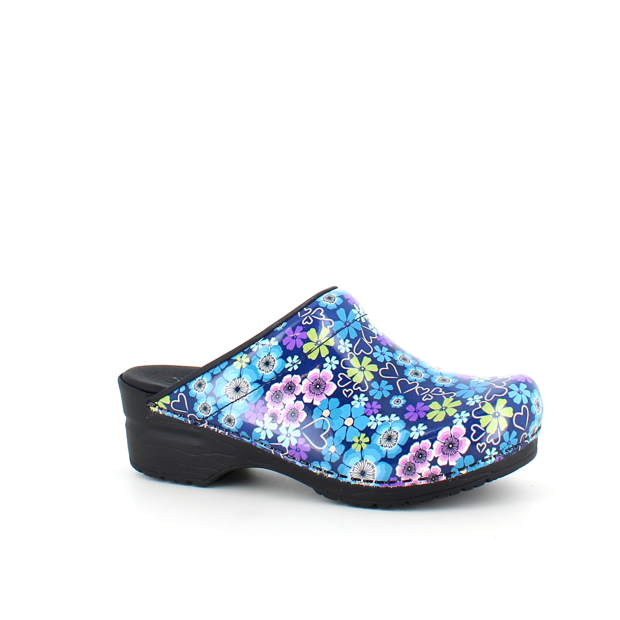 Sanita tøffel-træsko med blå og lilla blomster