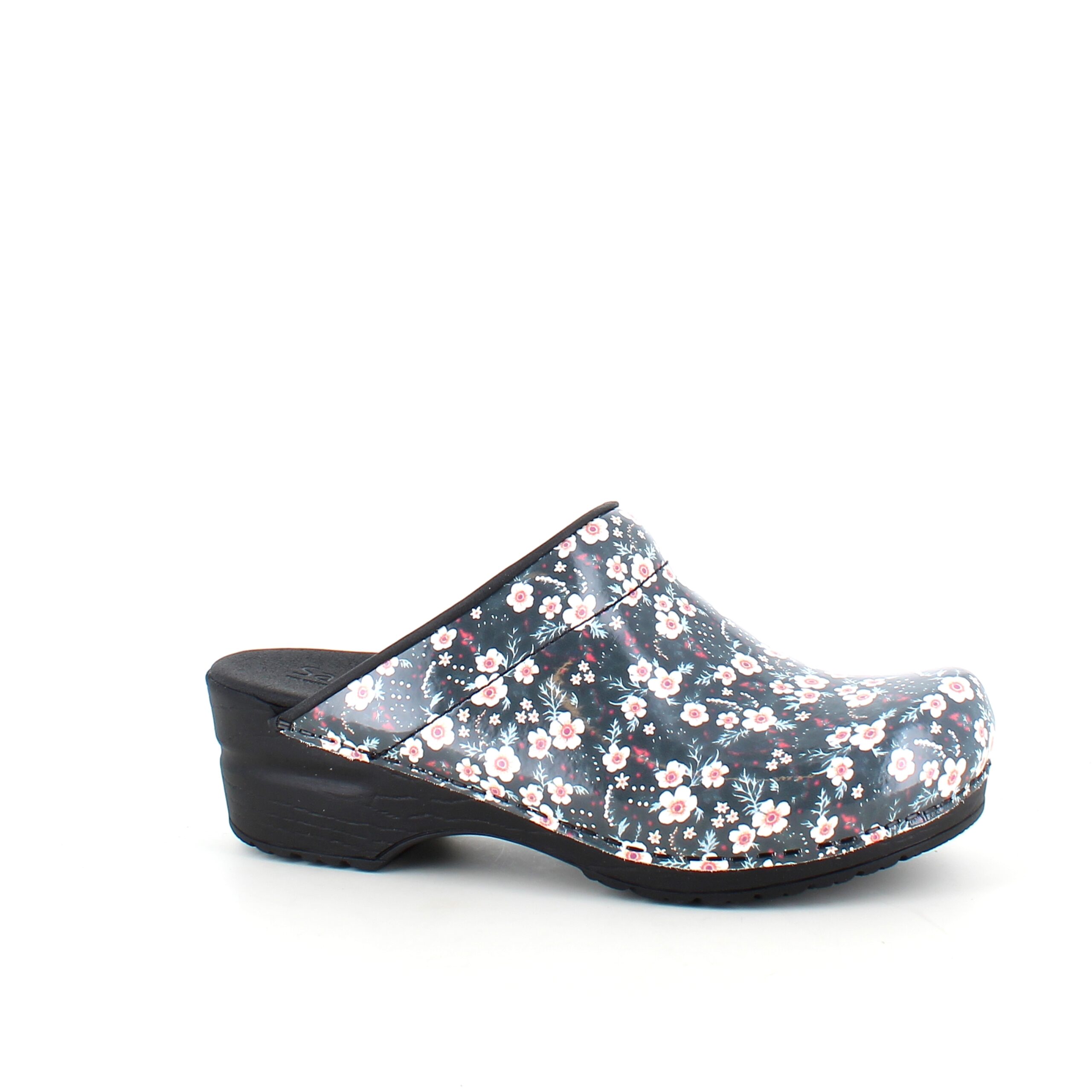 Sanita tøffel-træsko med sort/hvide blomster