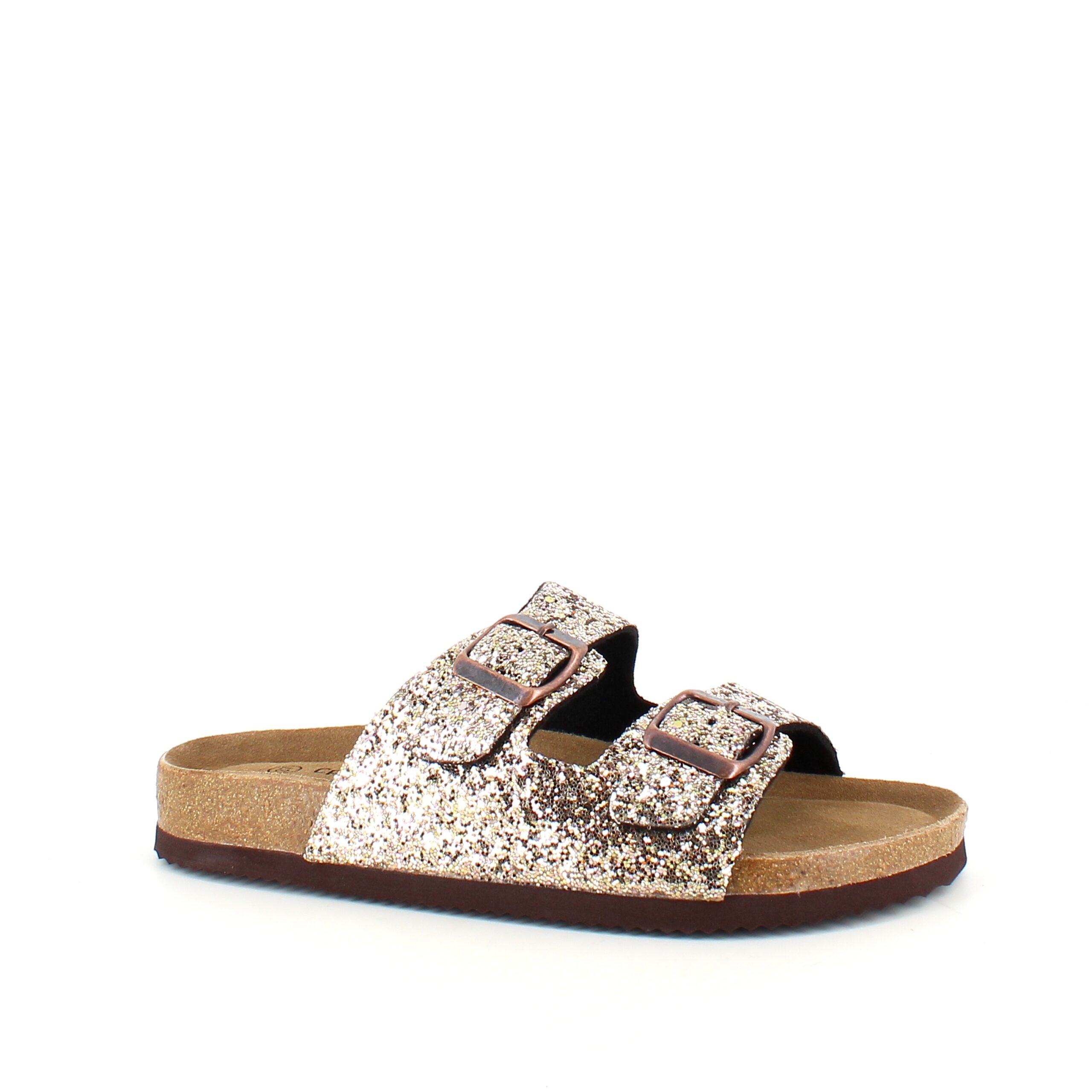 Cph biosandal med brede remme i guld glimmer.