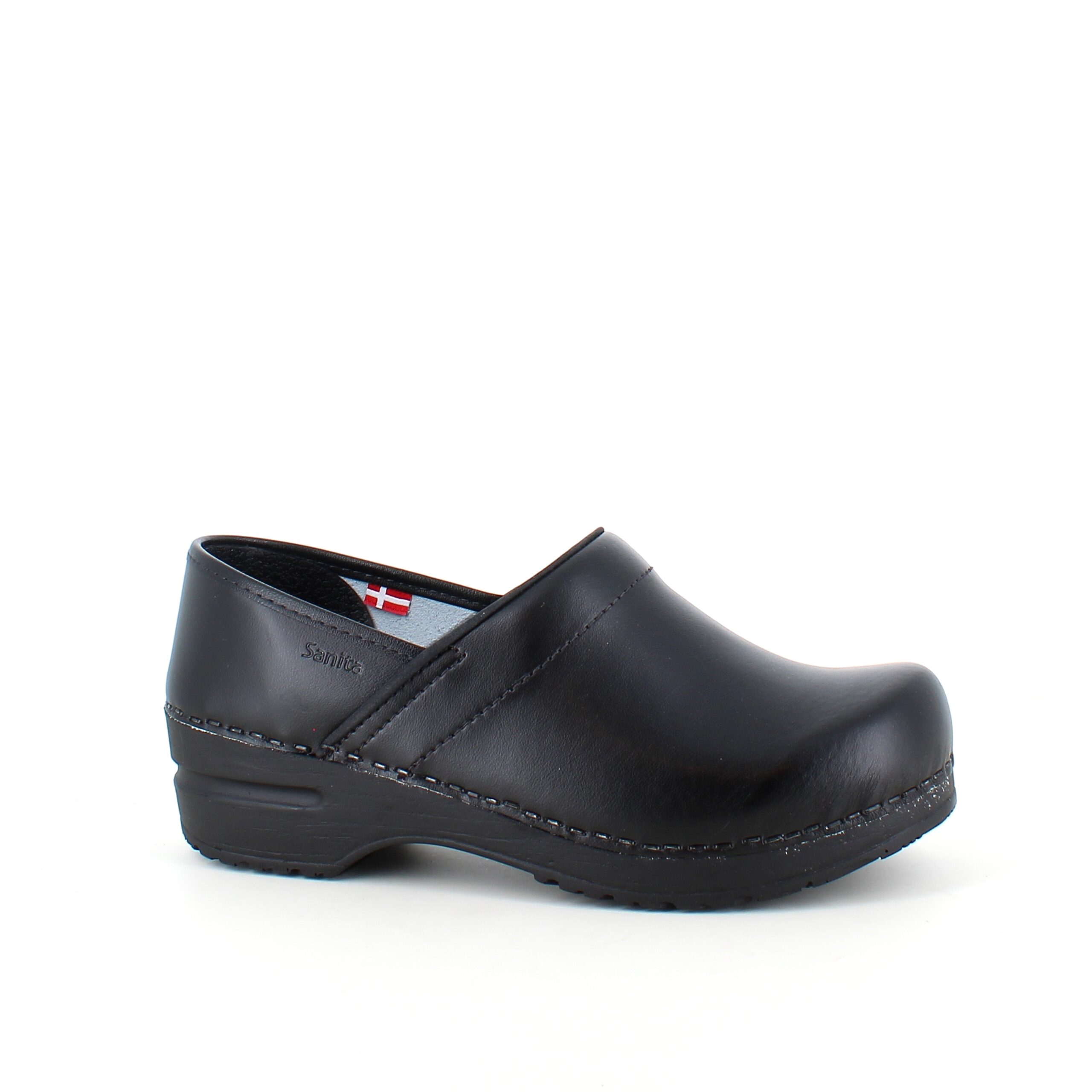 Sort fleksibel Sanita-træsko med hælkappe.