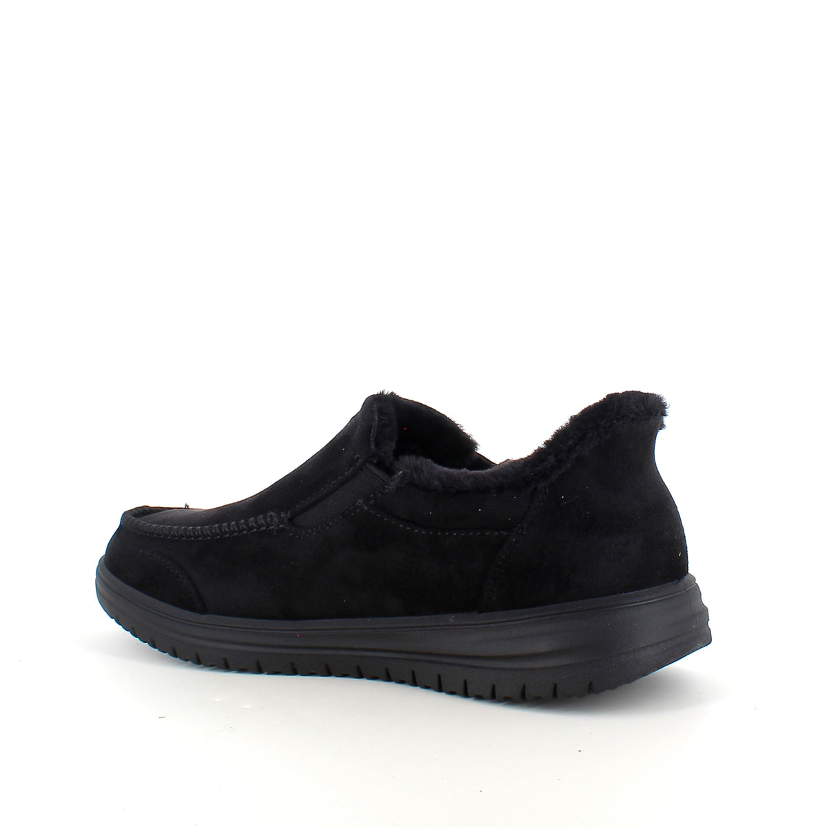 Skechers slip-on hjemmesko i sort – varm og rummelig pasform