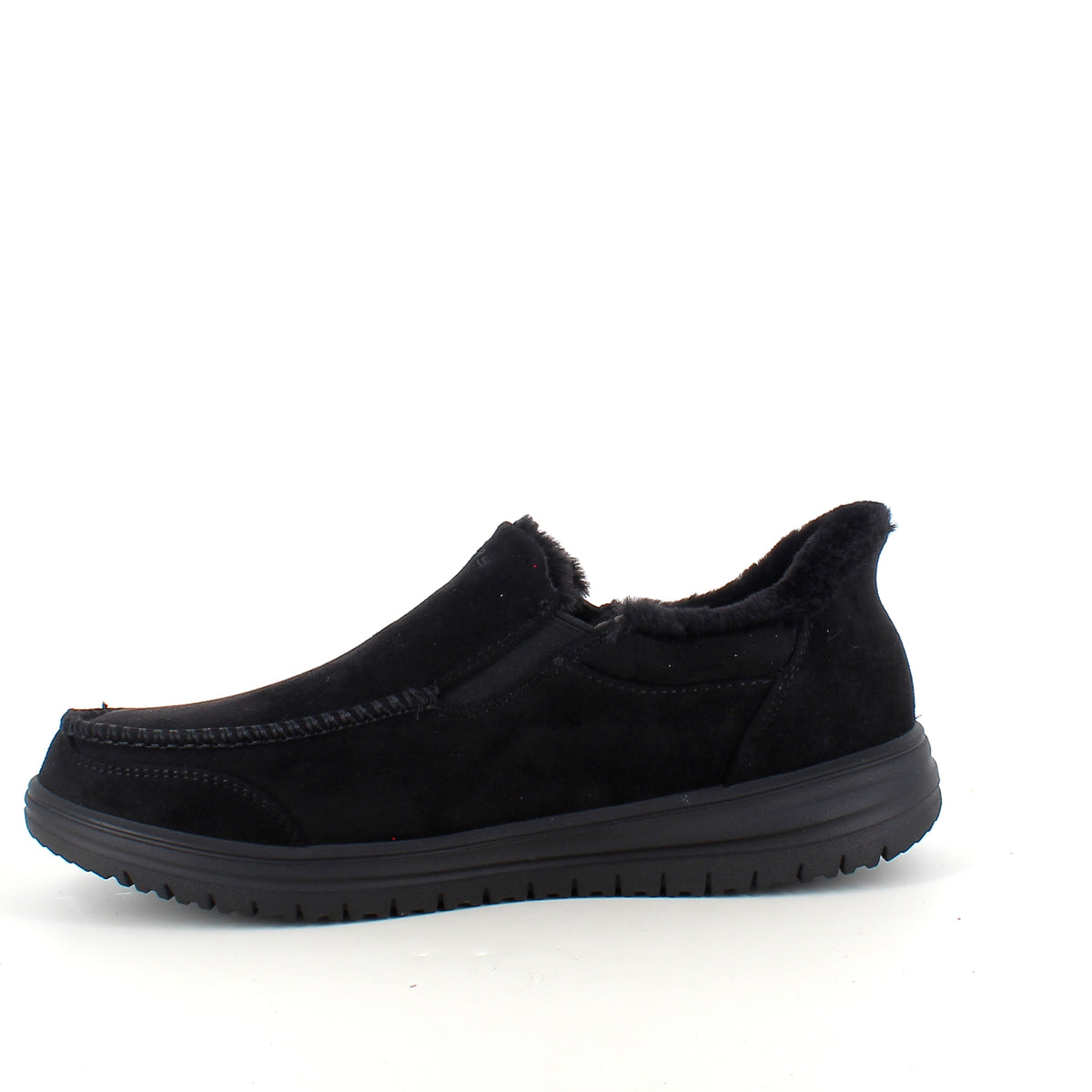 Skechers slip-on hjemmesko i sort – varm og rummelig pasform