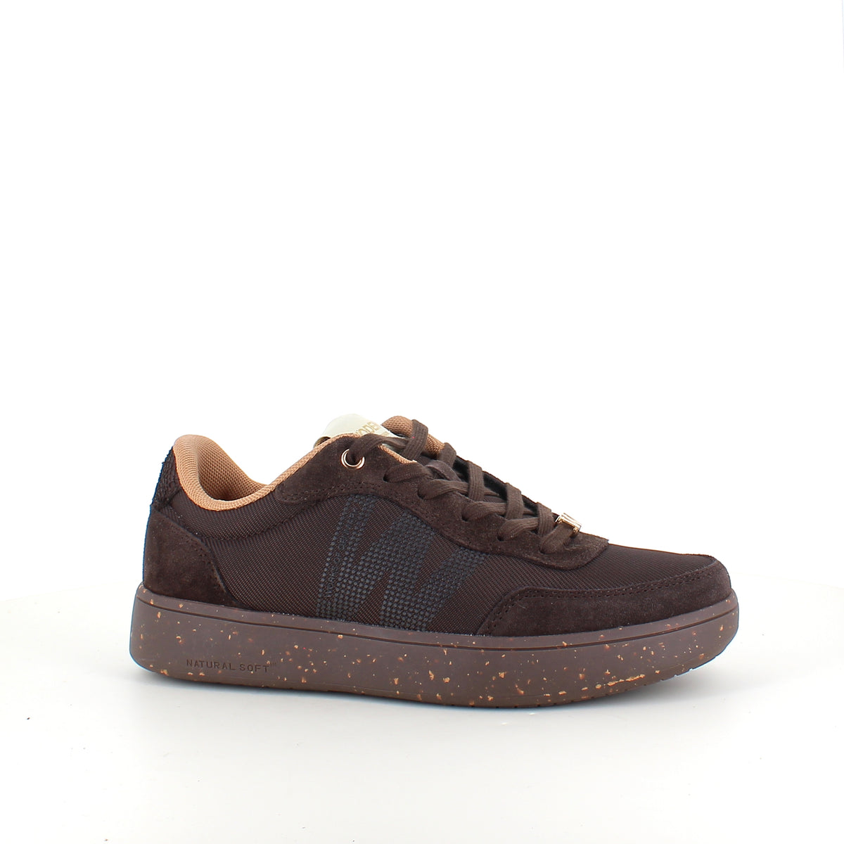 Woden Line Sneak – mørkebrun sneaker med gulddetaljer & blød komfort