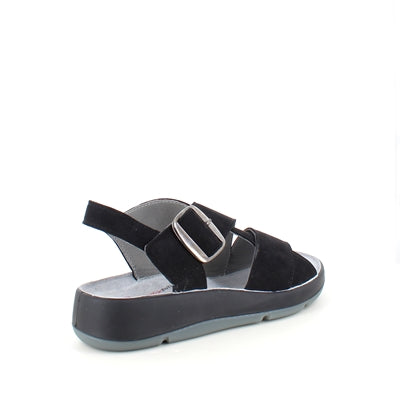 Elegant sort sandal i skind med svangstøtte
