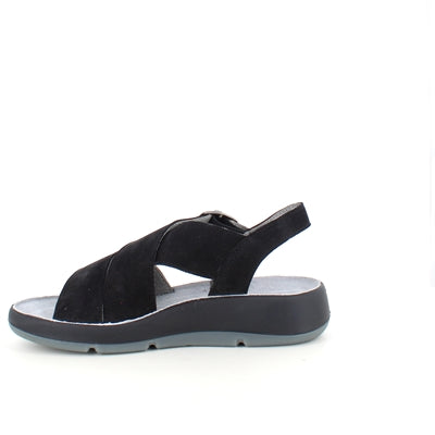 Elegant sort sandal i skind med svangstøtte