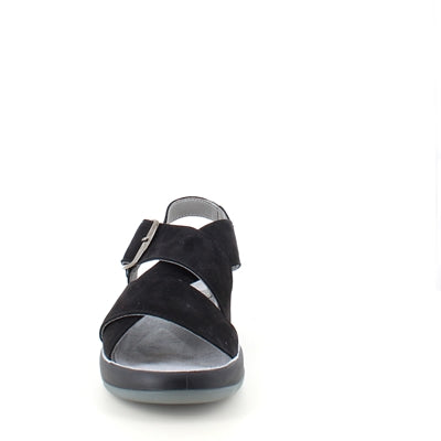 Elegant sort sandal i skind med svangstøtte