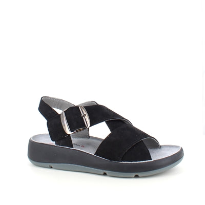 Elegant sort sandal i skind med svangstøtte