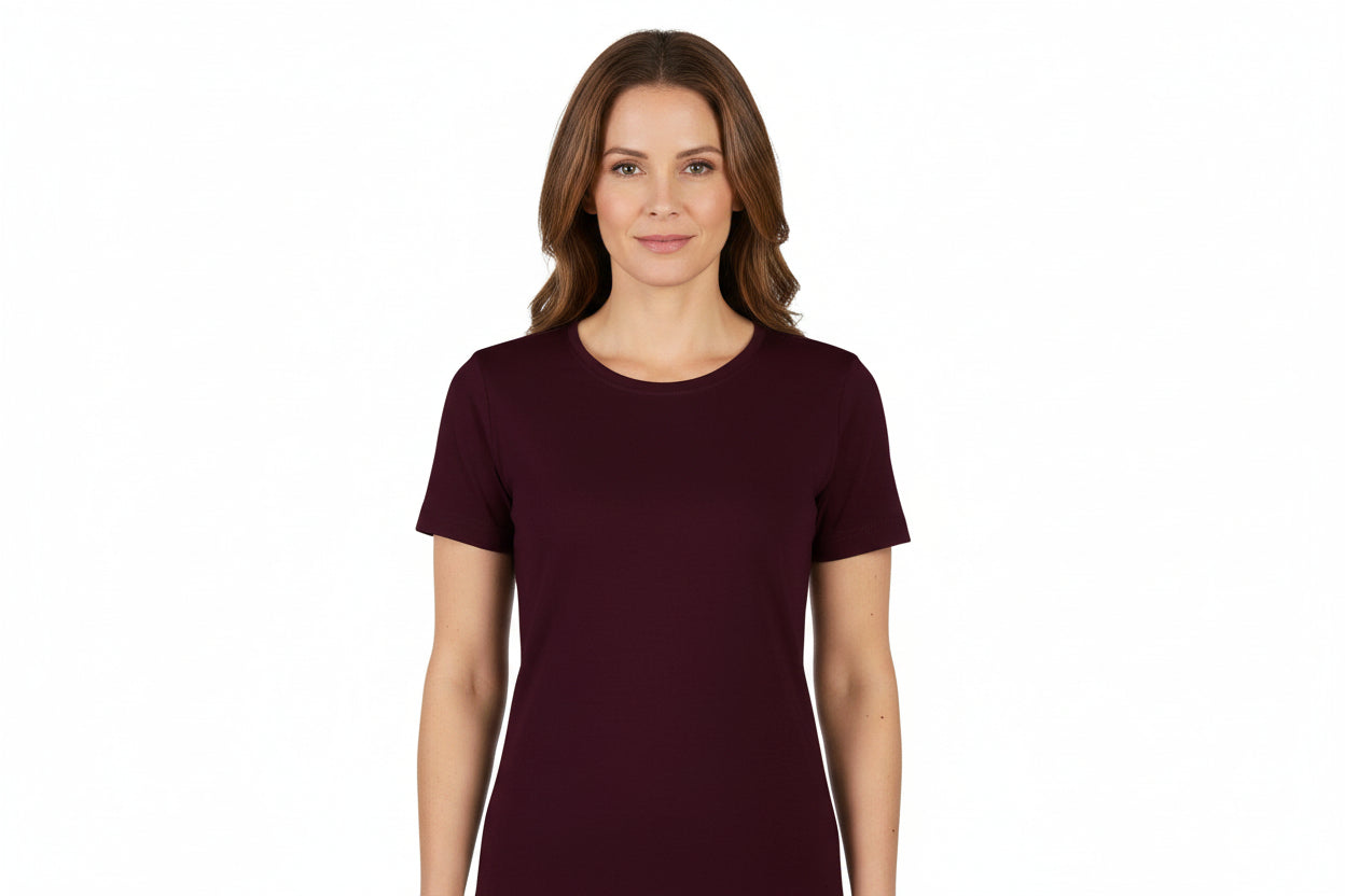 Dame t-shirt med rund hals i mørk bordeaux