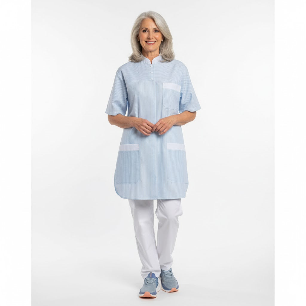 Nybo Hvid-Lyseblå/Hvid Dametunika, Slidser, God Pasform
