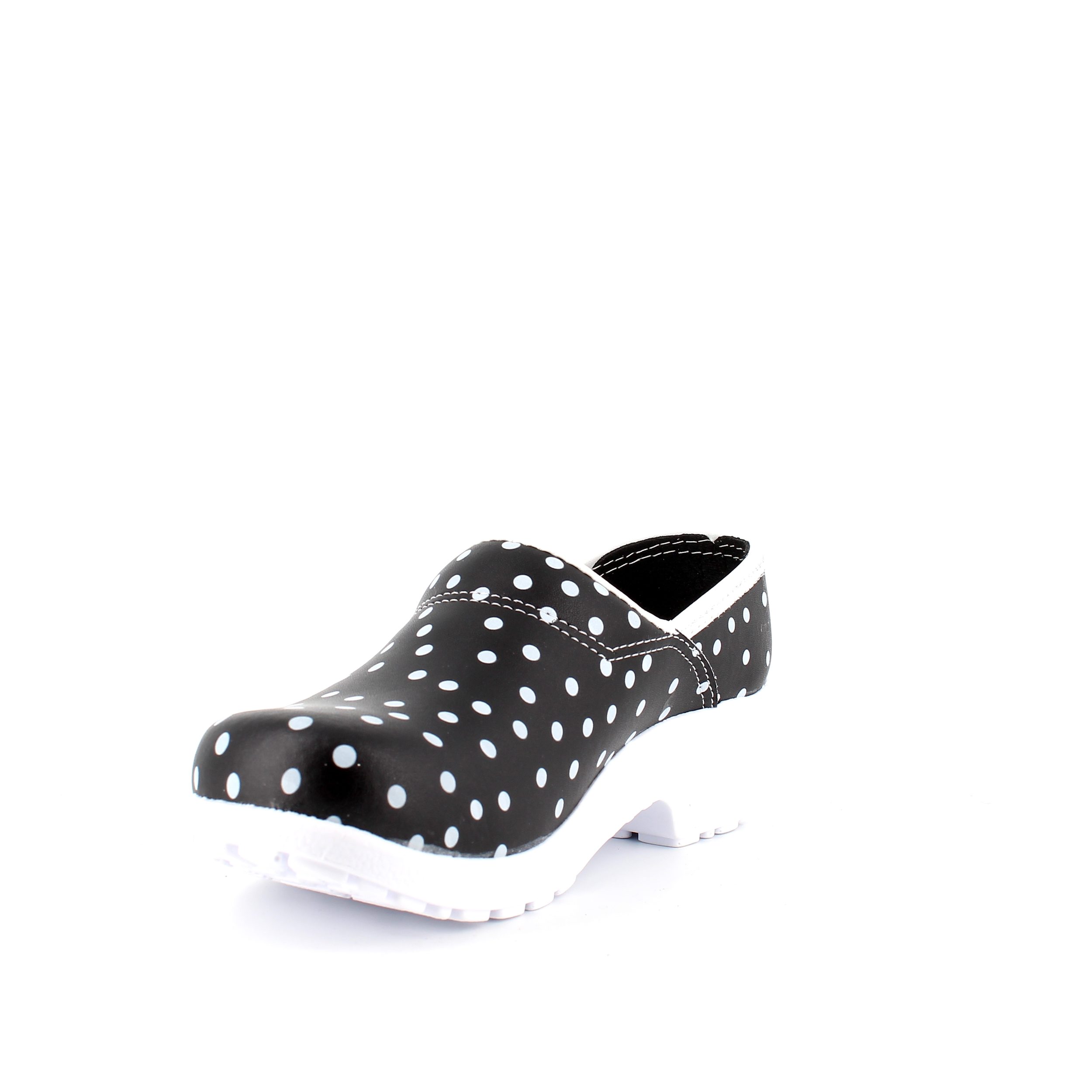 Sort træsko med polkaprikker og kap