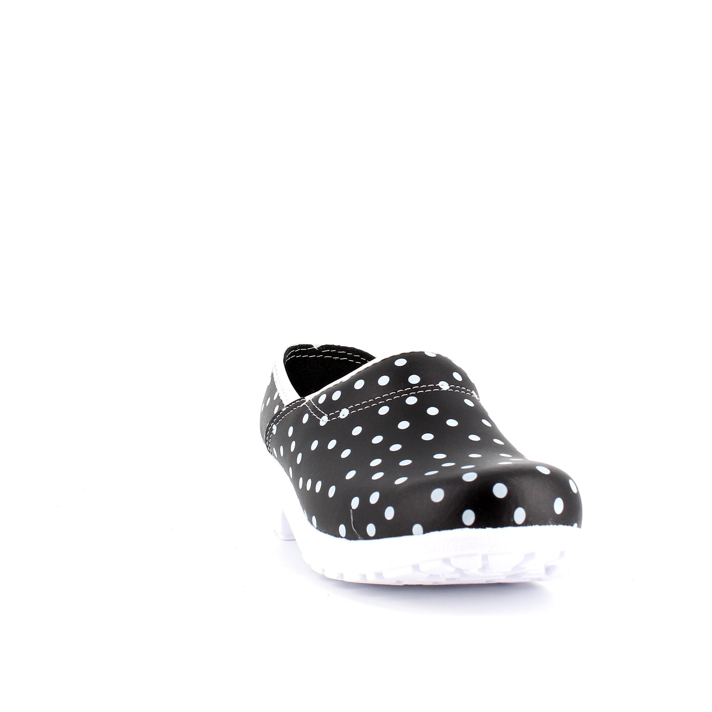 Sort træsko med polkaprikker og kap