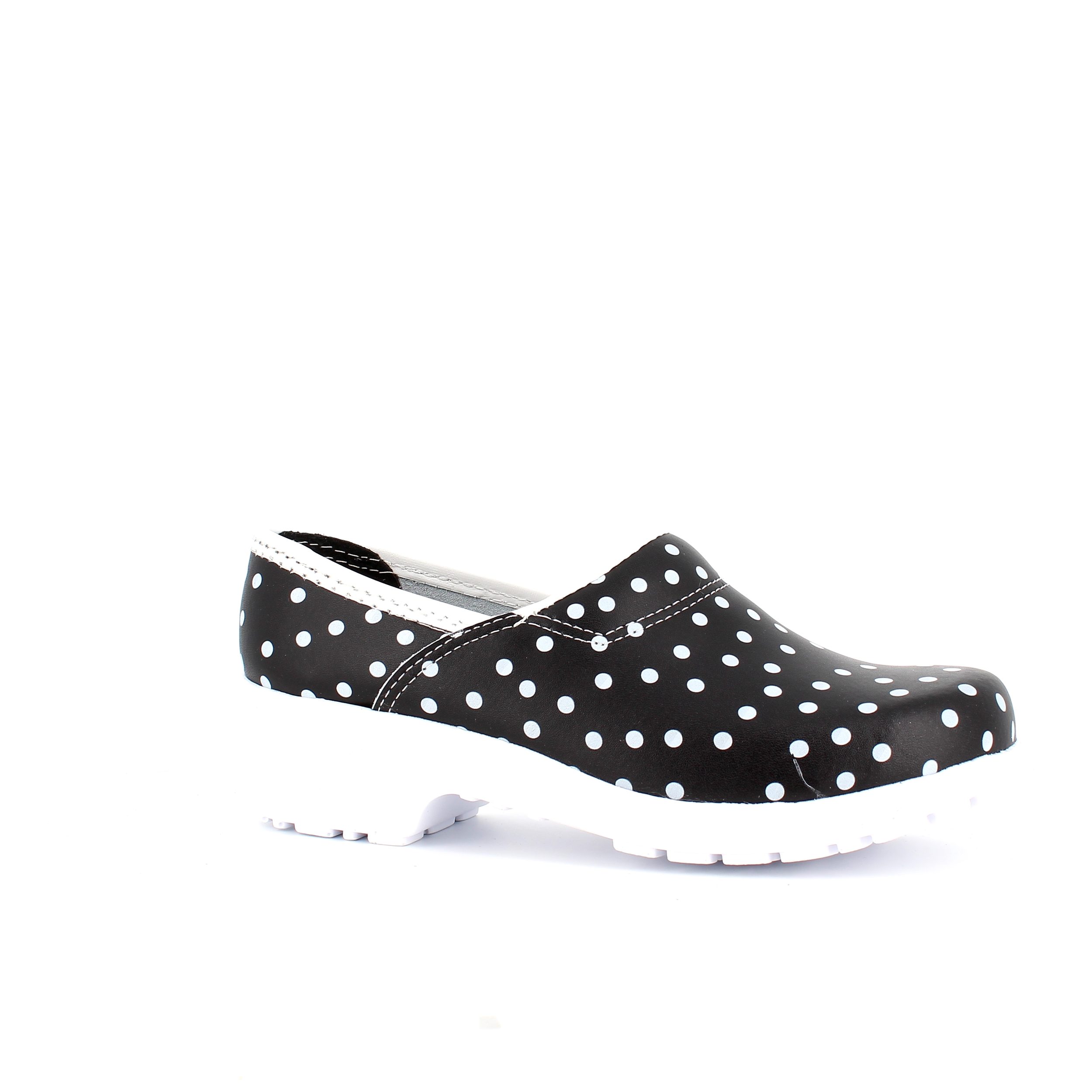 Sort træsko med polkaprikker og kap