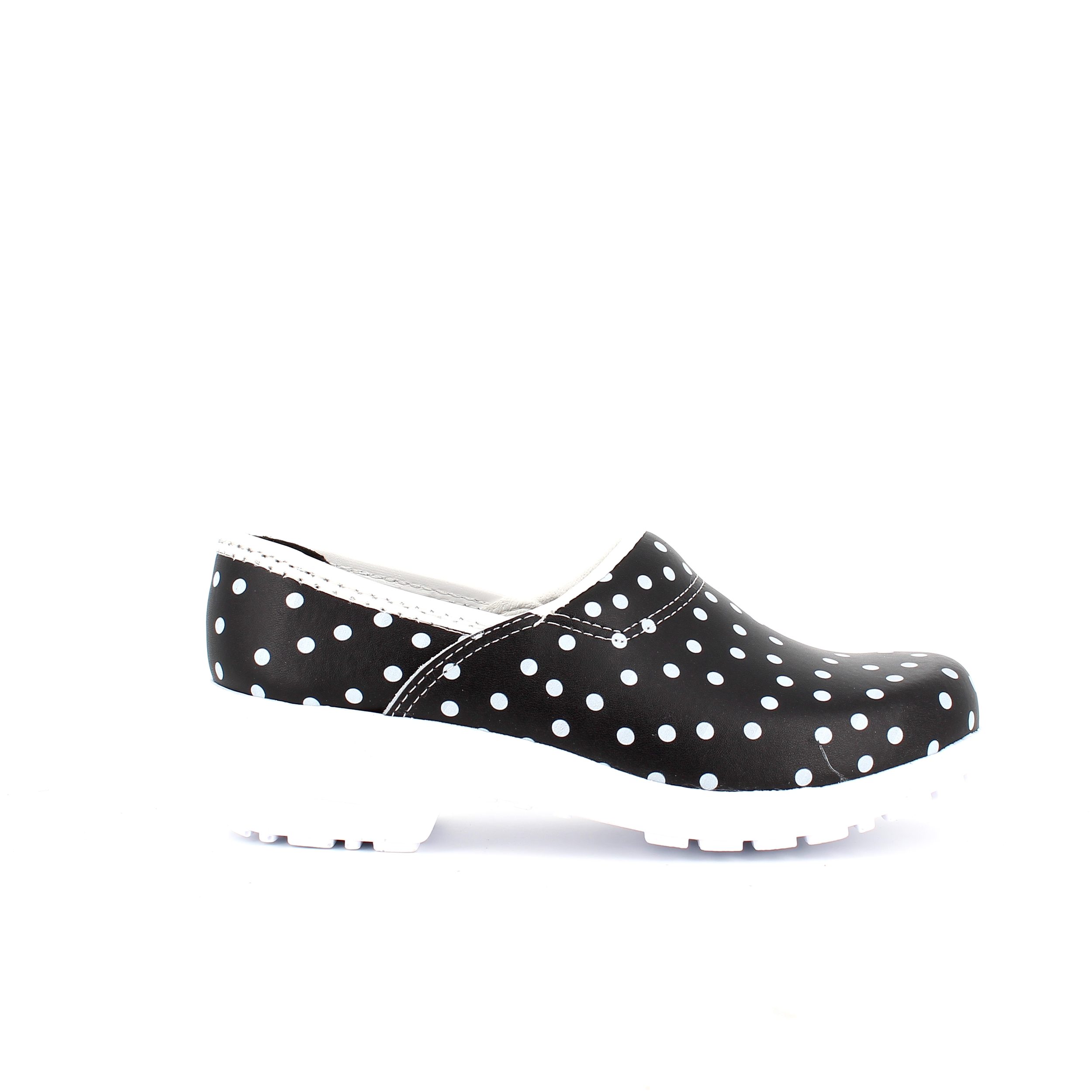 Sort træsko med polkaprikker og kap