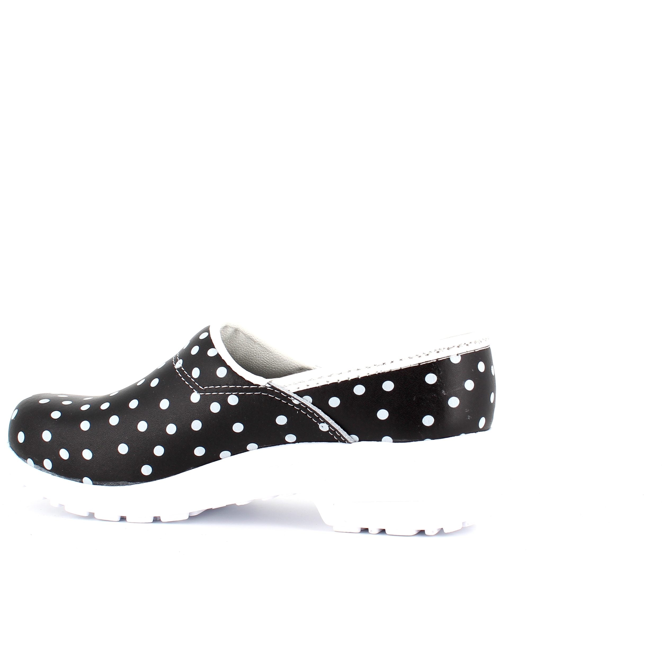 Sort træsko med polkaprikker og kap