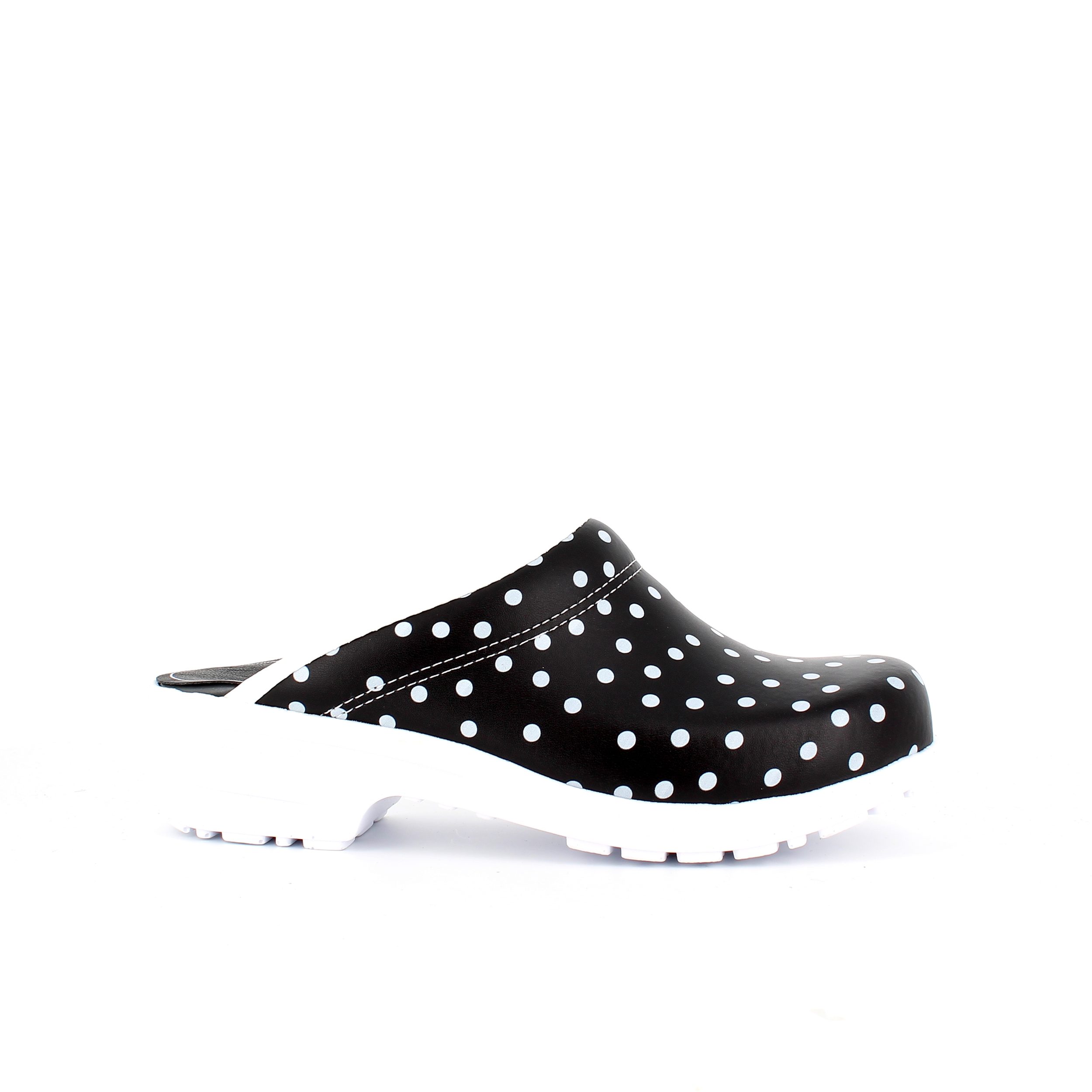 Sort træsko med polkaprikker uden kap