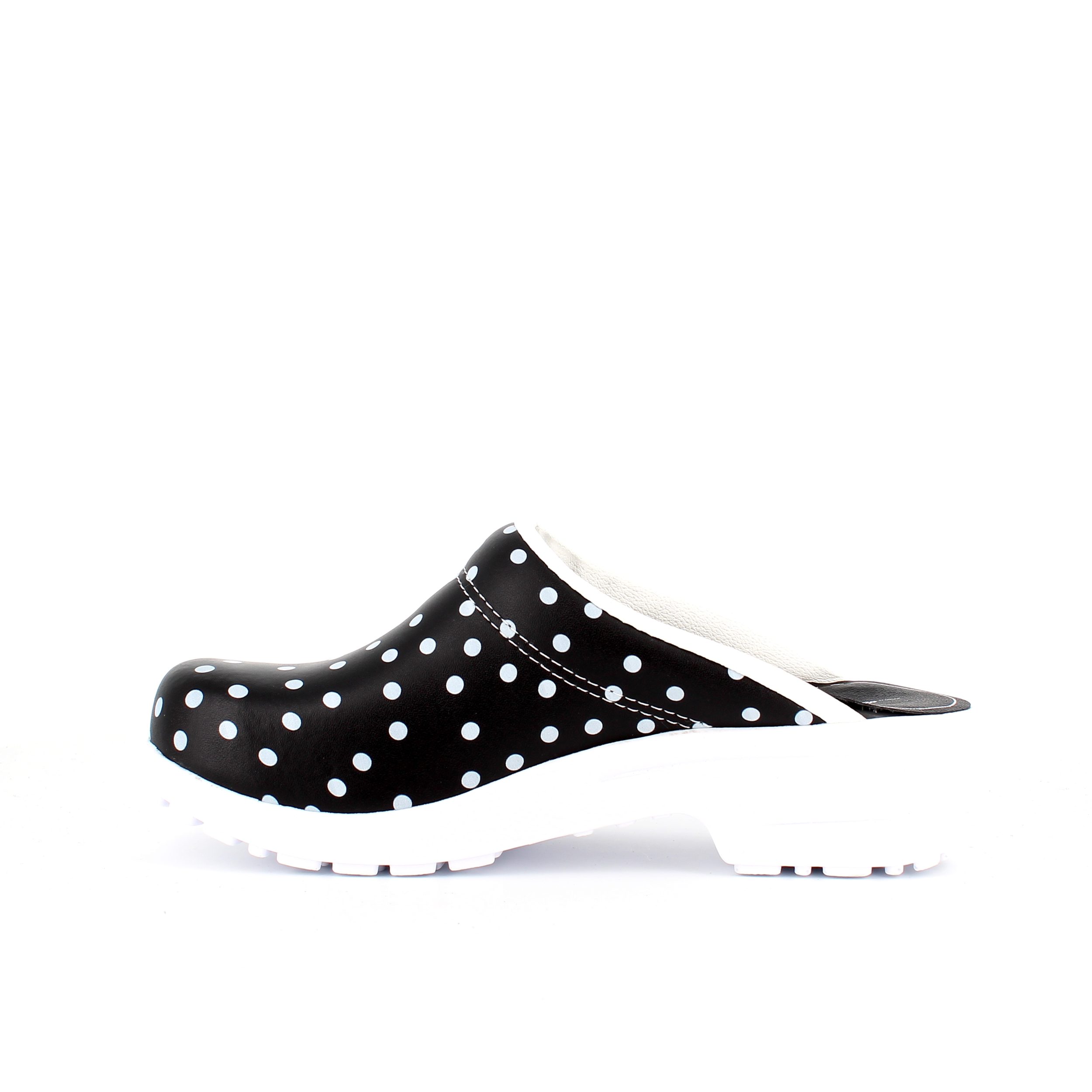 Sort træsko med polkaprikker uden kap
