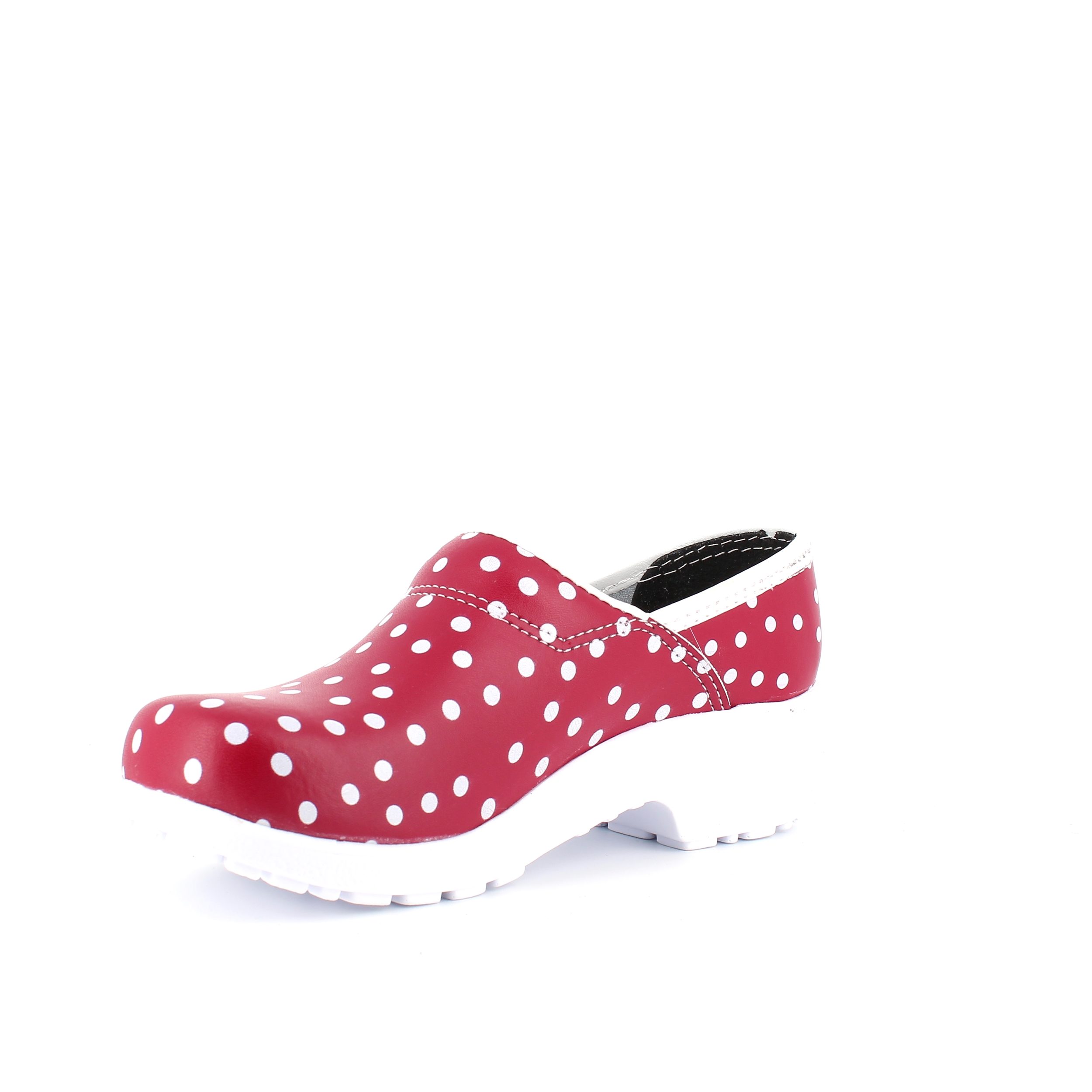 Rød træsko med polkaprikker med kap