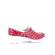 Rød træsko med polkaprikker med kap