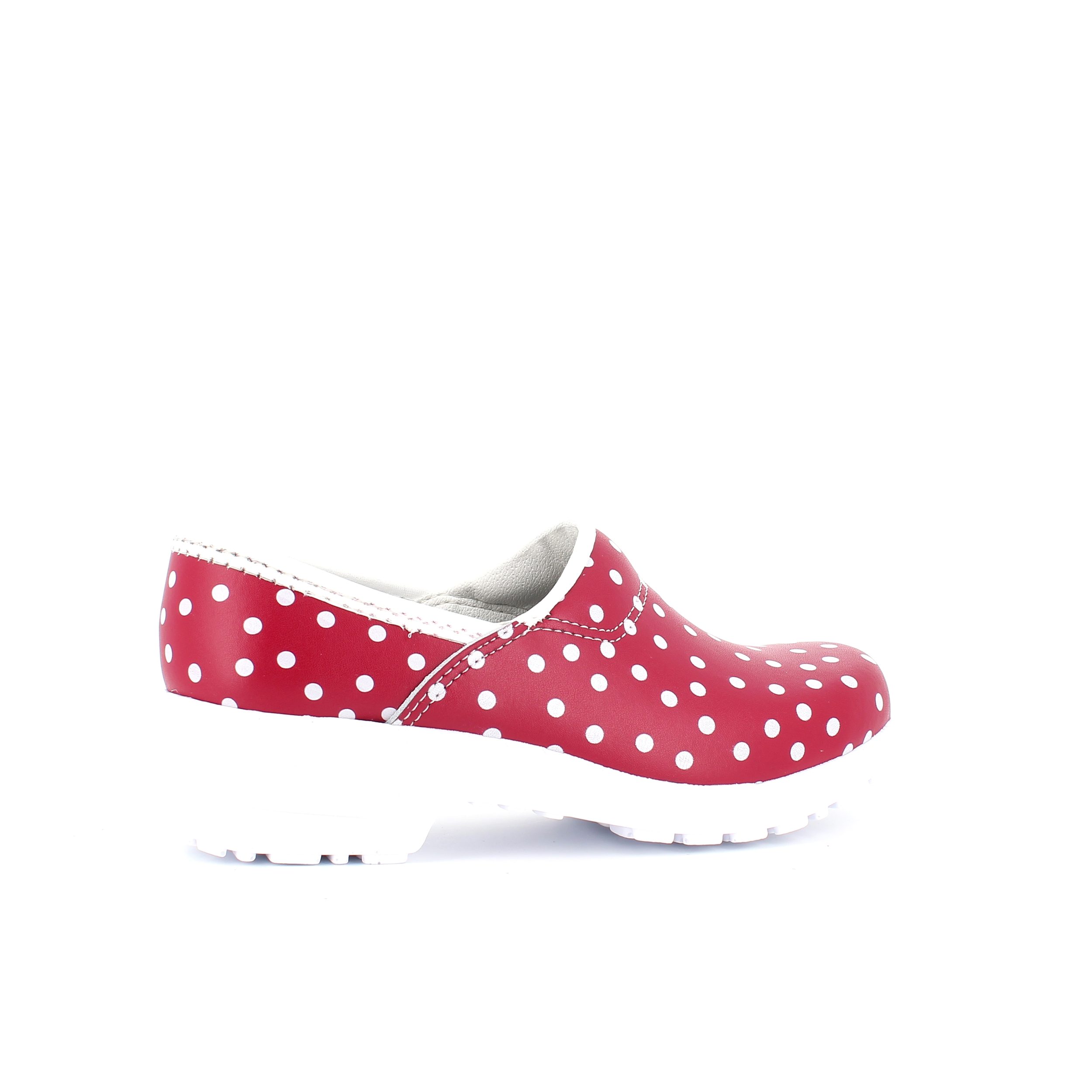 Rød træsko med polkaprikker med kap