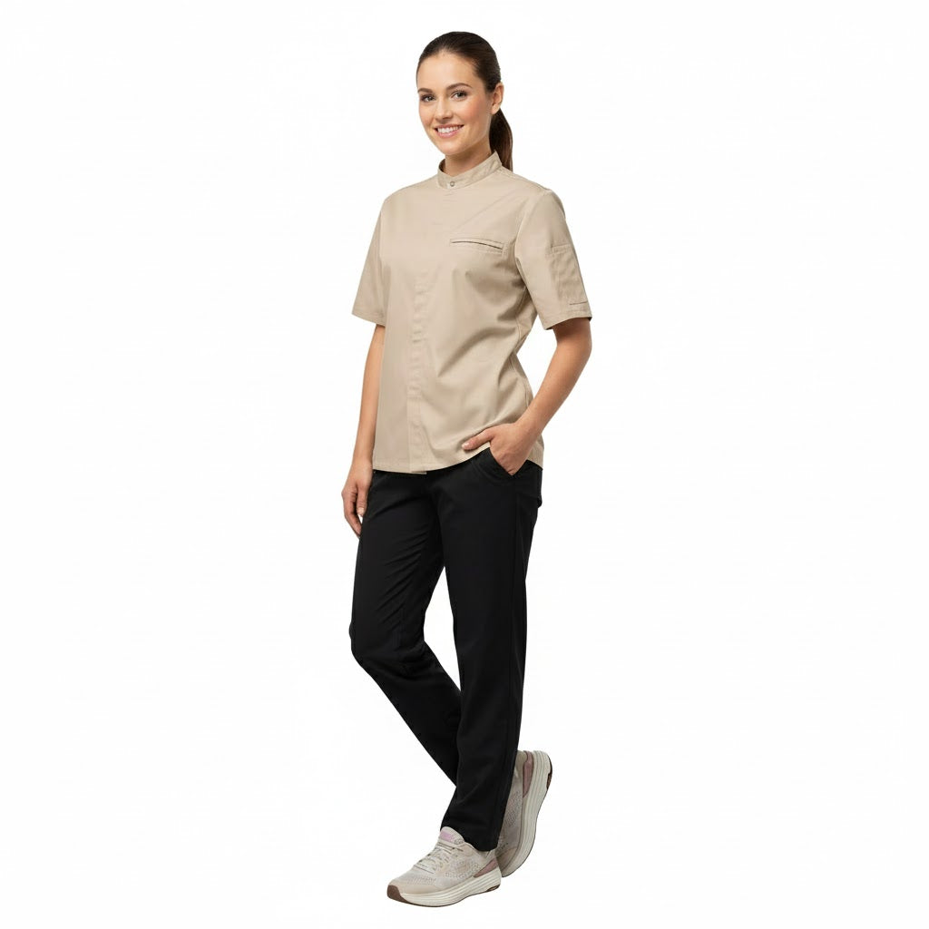 Nybo Khaki Unisex New Nordic Kokkejakke, Kortærmet, Ergonomisk, Strækbar