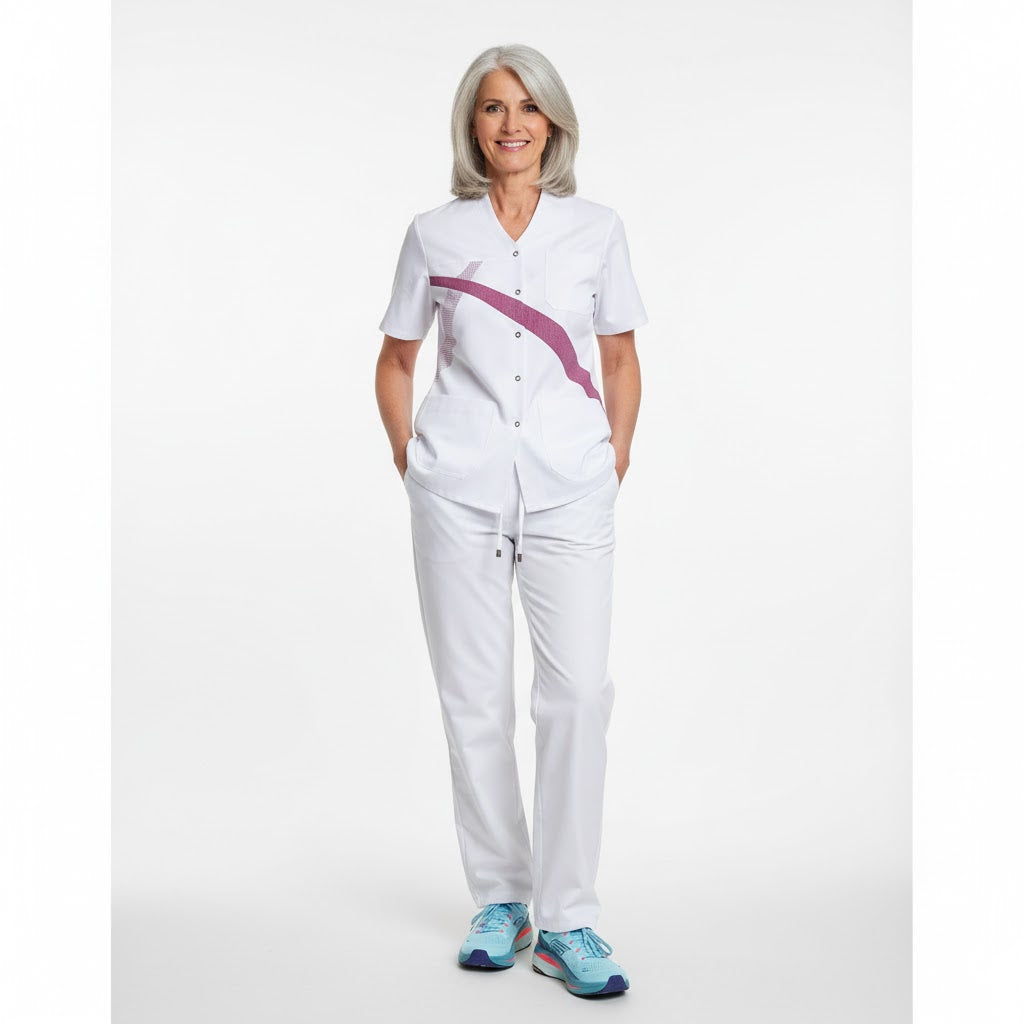 Nybo Hvid/Bordeaux Dametunika Agave, Kortærmet, Bomuld Indvendig, Komfort