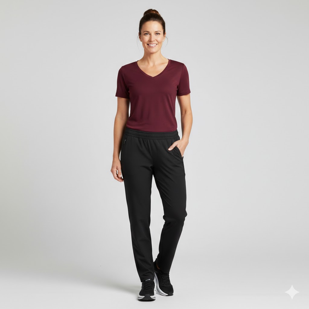 Dame t-shirt i mørk bordeaux med v-hals