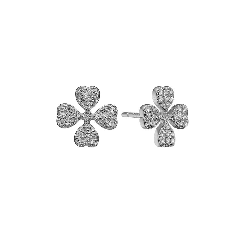 Billede af Sølv firkløver ørestikker med små zirconer