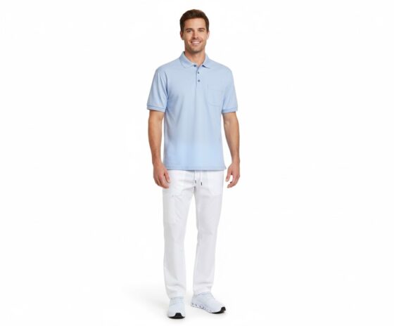 Nybo Lyseblå Herre Basic Poloshirt, Kortærmet, Slidstærk, Ribdetaljer, Brystlomme