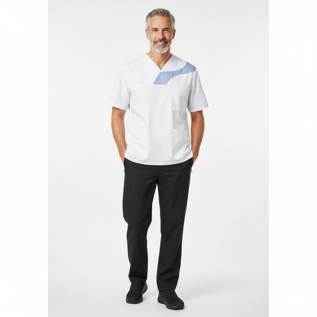 Nybo Hvid/Lyseblå Unisex Comfortec Satin Busseronne, Åndbar, Slidstærk