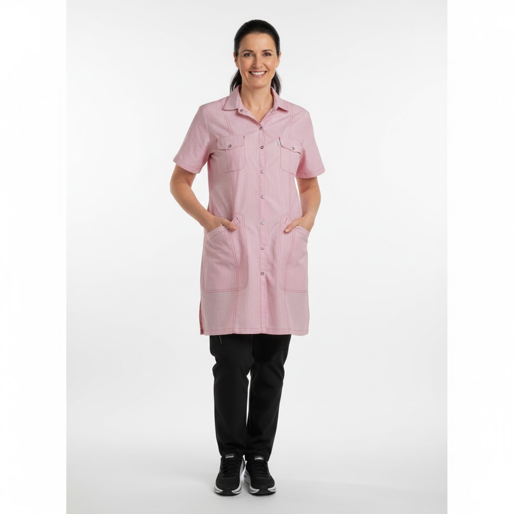 Nybo Pink Stribet Dametunika Fresh, Justerbar Elastik, Rummelige Lommer