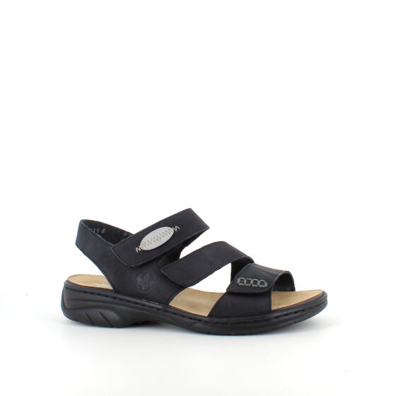 Sort skindsandal fra Rieker med udtagelig indersål.