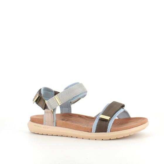 Lyseblå/grøn Woden sandal med god svangstøtte.
