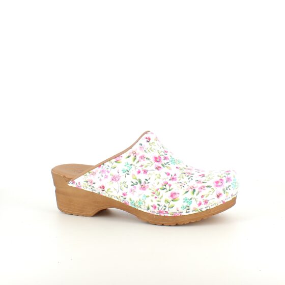 Hvid Sanita-træsko med smukt blomsterprint.