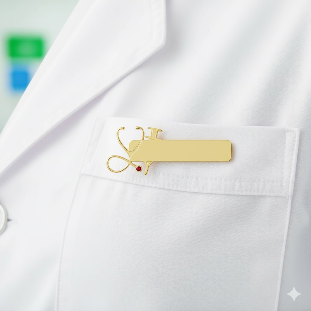 Navneskilt i guldfarvet stål – elegant og personligt valg til sundhedspersonale